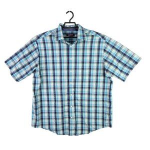 Mens Roundtree & Yorke Travel Smart Teal Plaid Shirt Button Up Short Sleeve XLT